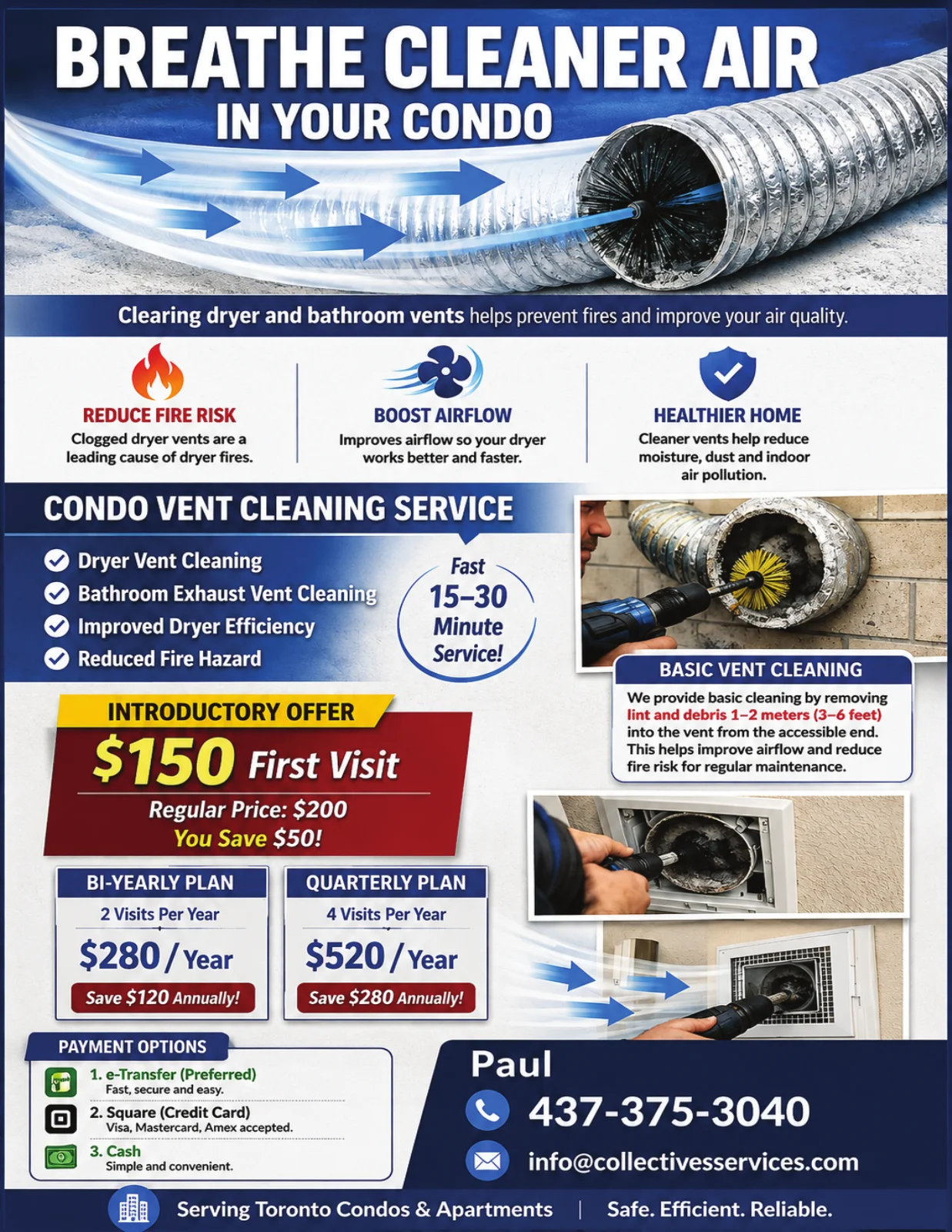 Collectives Services vent-cleaning flyer with service details, plans, and Paul’s contact information